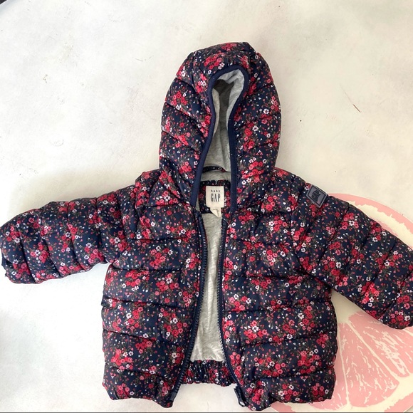Baby Gap floral puffer coat 6-12 months navy and pink primaloft fill - Picture 6 of 7